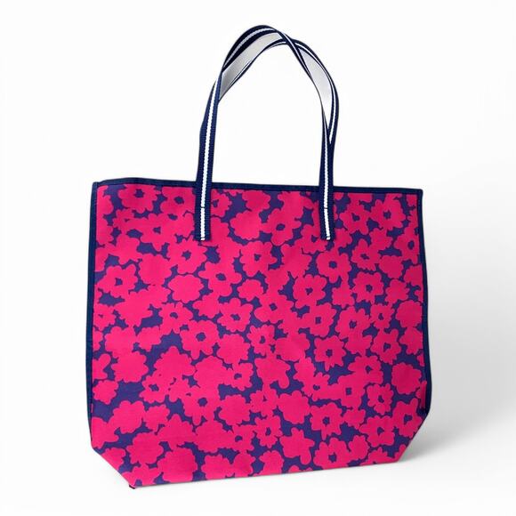 Estee Lauder Floral Tote Beach Bag Fuchsia Navy Large - Picture 1 of 6